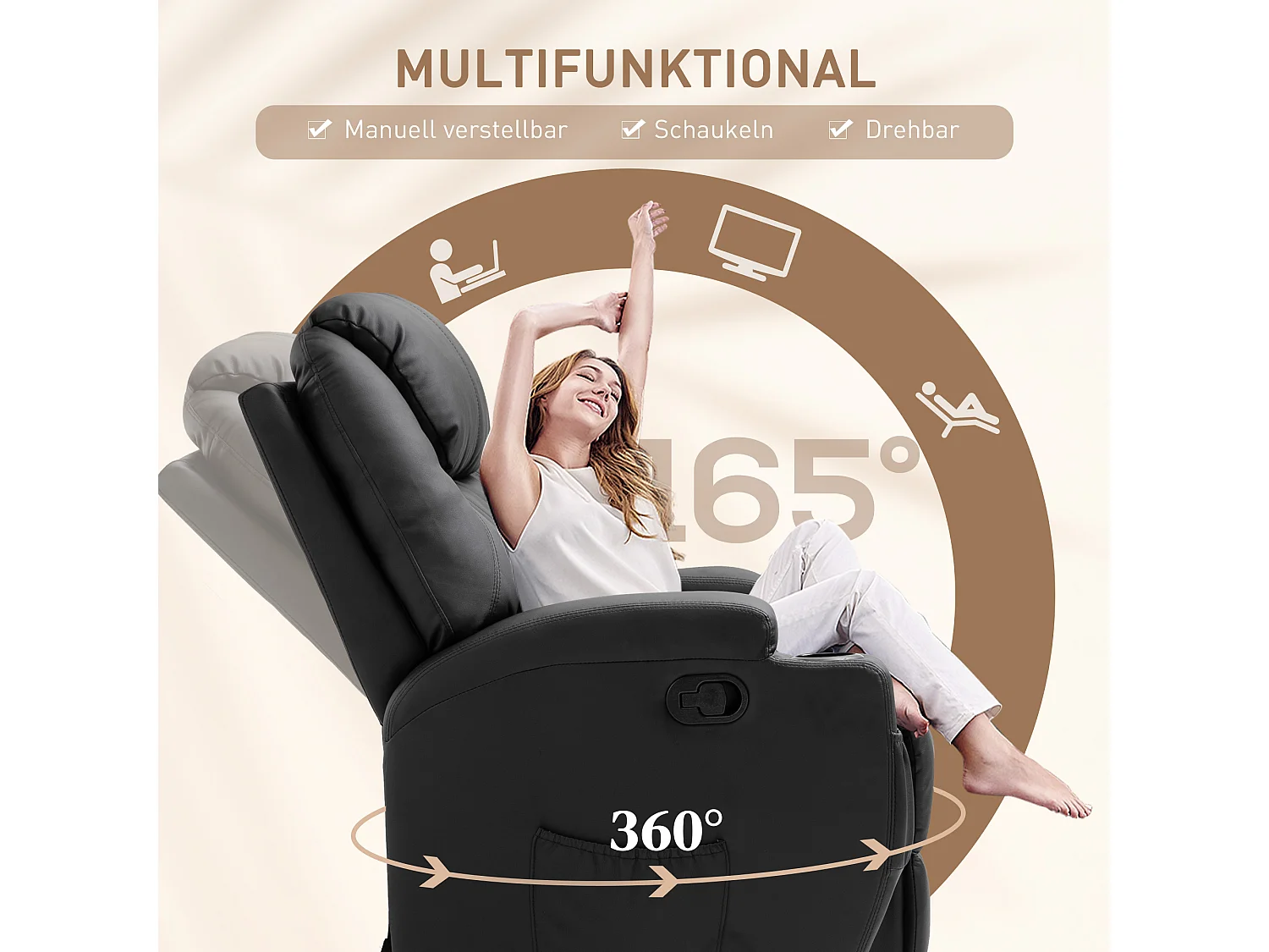 Fauteuil massant électrique inclinable 165° cuir synthétique noir 84x92x109 cm salon