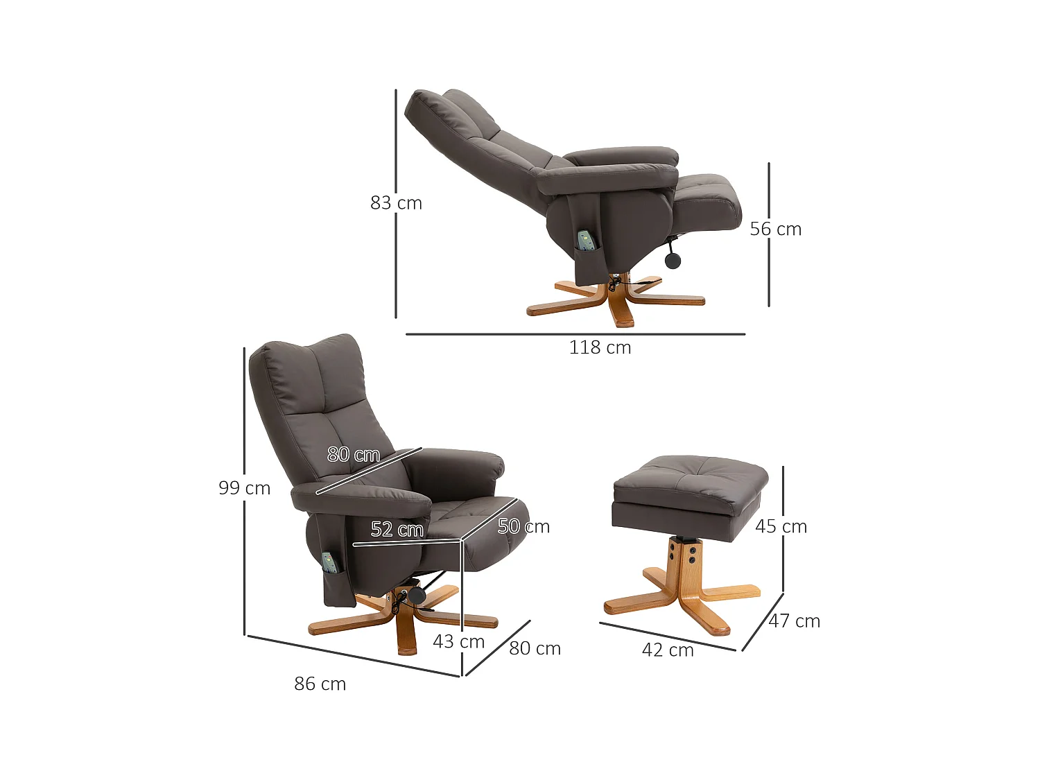 Fauteuil relax avec ottomane cuir synthétique brun 10 punti massaggio inclinabile 145°