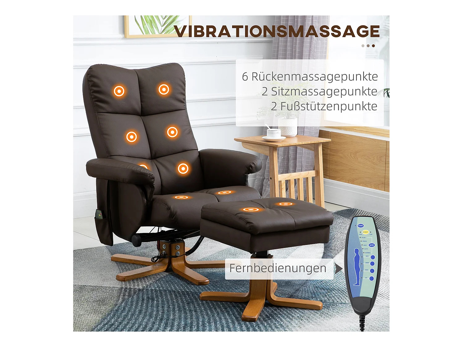 Fauteuil relax avec ottomane cuir synthétique brun 10 punti massaggio inclinabile 145°