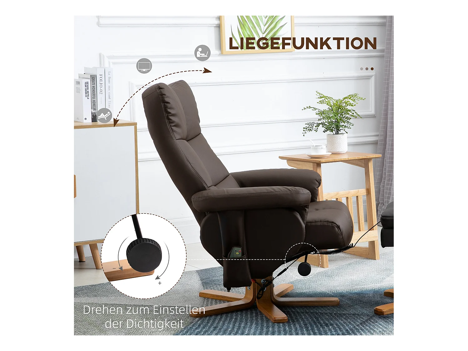 Sillón relax con otomana en piel sintética marrón con 10 puntos de masaje y ángulo de reclinación de 145°