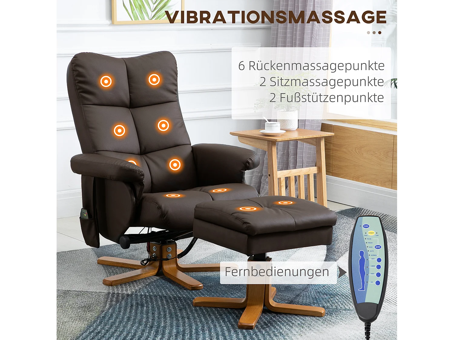 Poltrona relaxante com pufe em couro sintético marrom com 10 pontos de massagem e ângulo de reclinação de 145°