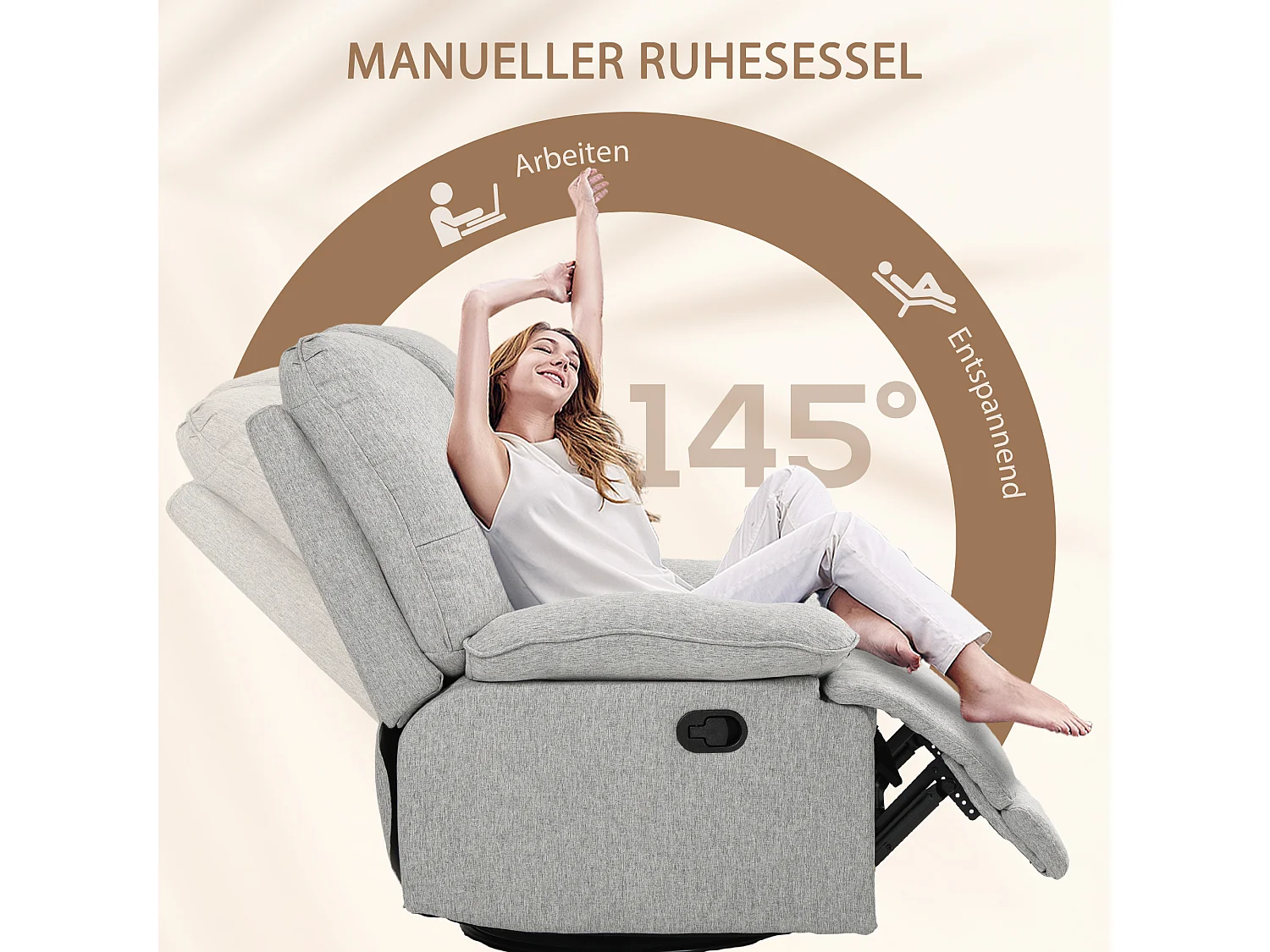 Fauteuil relax lin gris avec repose-pieds salon TV 145° 89x101x105 cm