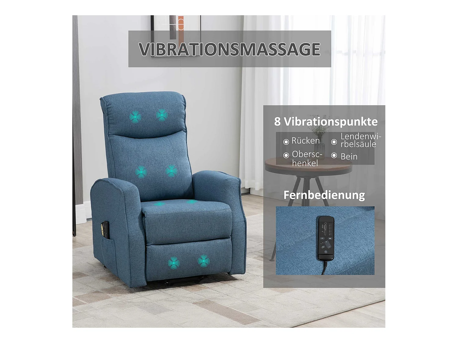 Sillón de masaje reclinable de tela con 8 puntos de apoyo, inclinación de 135° y reposapiés, gris, 74x87x110 cm