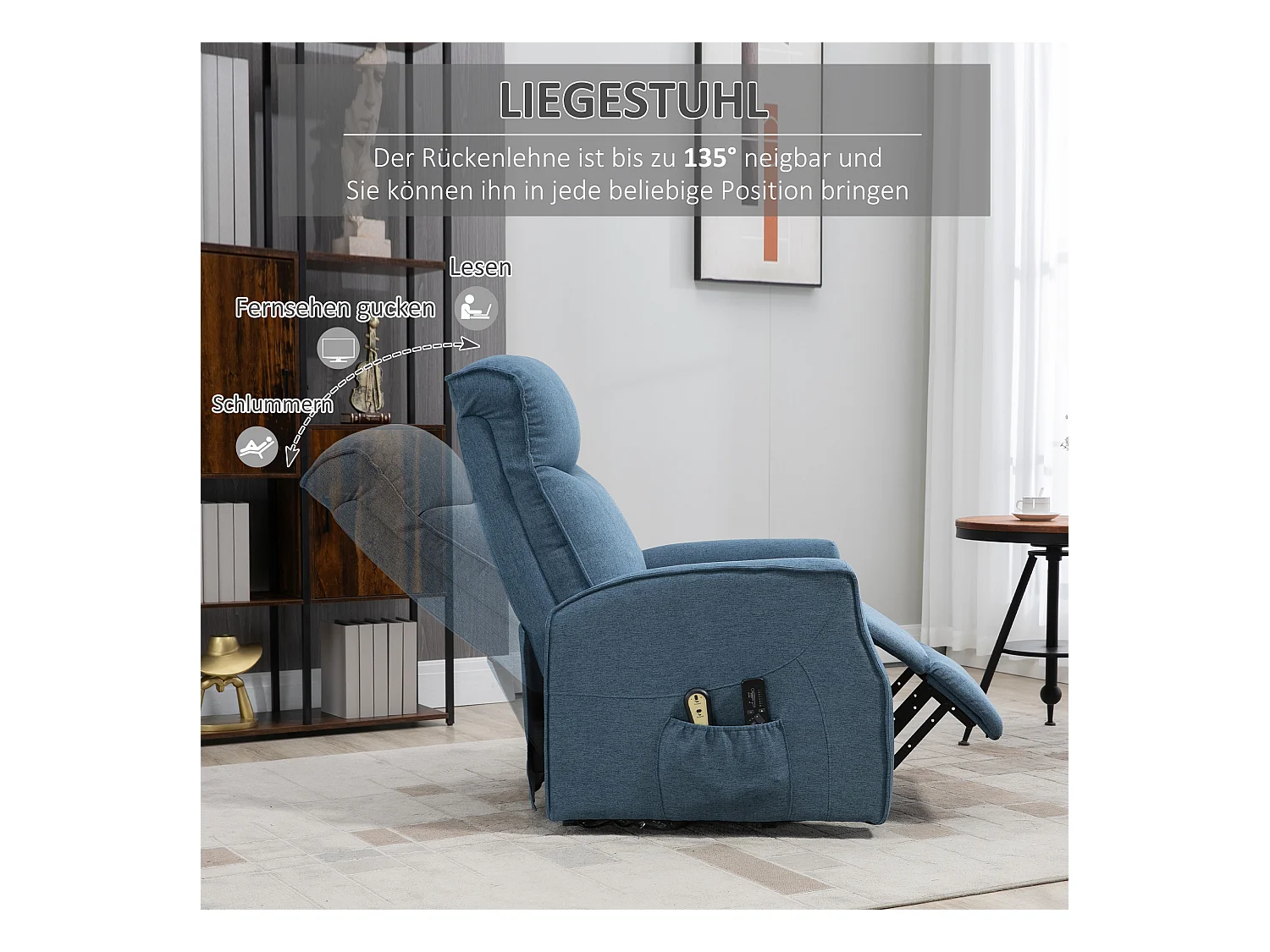 Sillón de masaje reclinable de tela con 8 puntos de apoyo, inclinación de 135° y reposapiés, gris, 74x87x110 cm