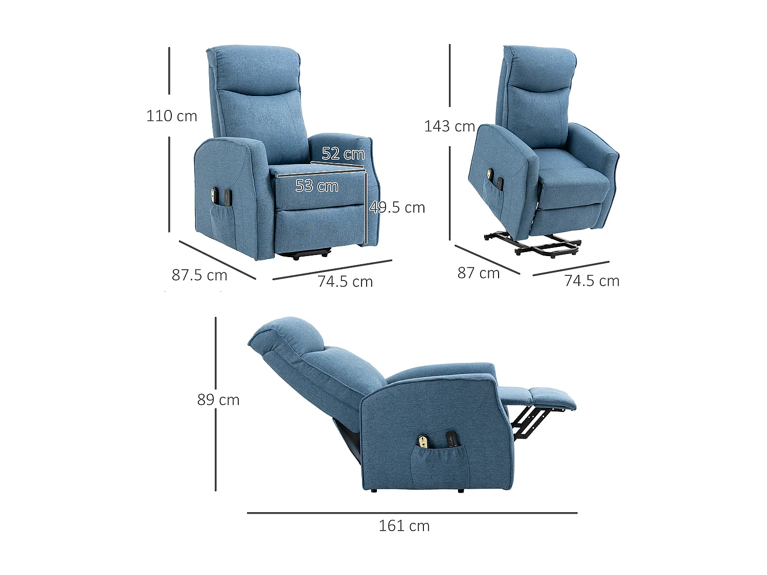 Fauteuil releveur tissu Massage 8 punti inclinabile 135° avec repose-pieds gris 74x87x110 cm