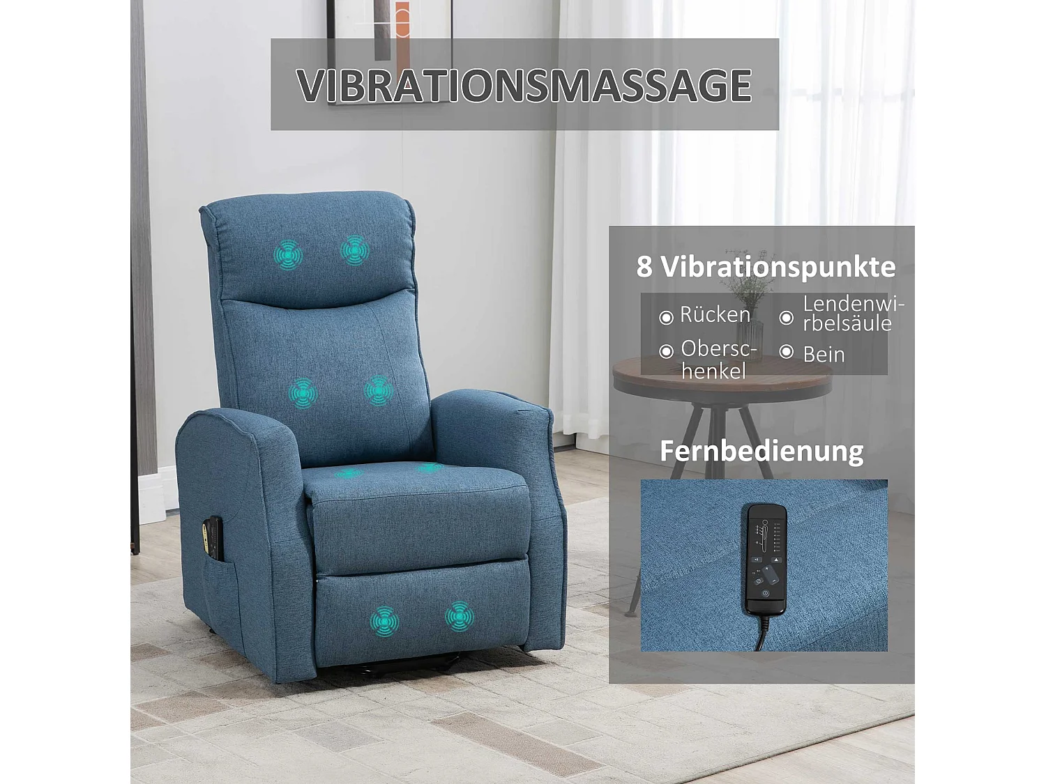 Fauteuil releveur tissu Massage 8 punti inclinabile 135° avec repose-pieds gris 74x87x110 cm