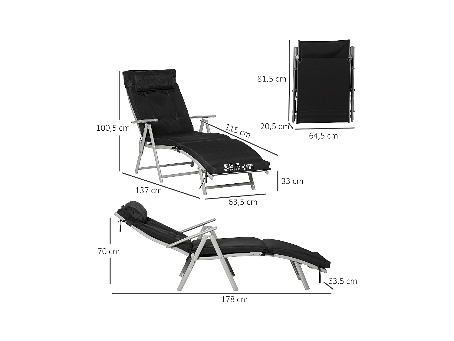 Sillón plegable de textilene negro, 7 posiciones, cojín, exterior, 137x63,5x100,5 cm