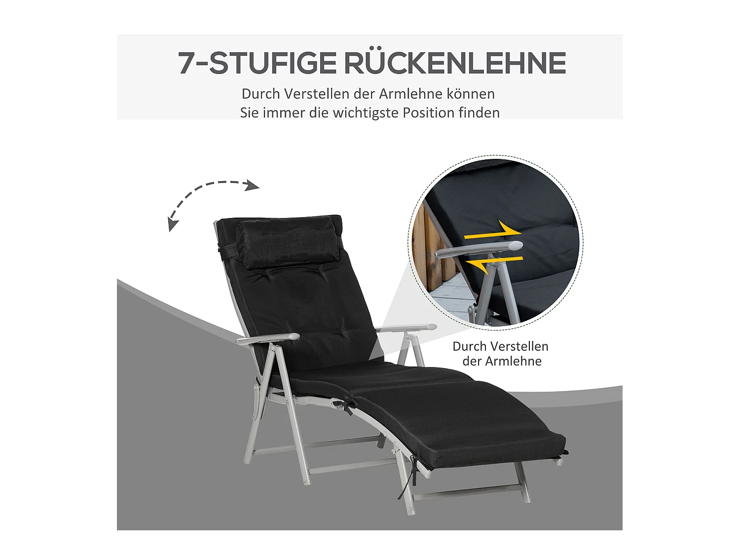 Sillón plegable de textilene negro, 7 posiciones, cojín, exterior, 137x63,5x100,5 cm