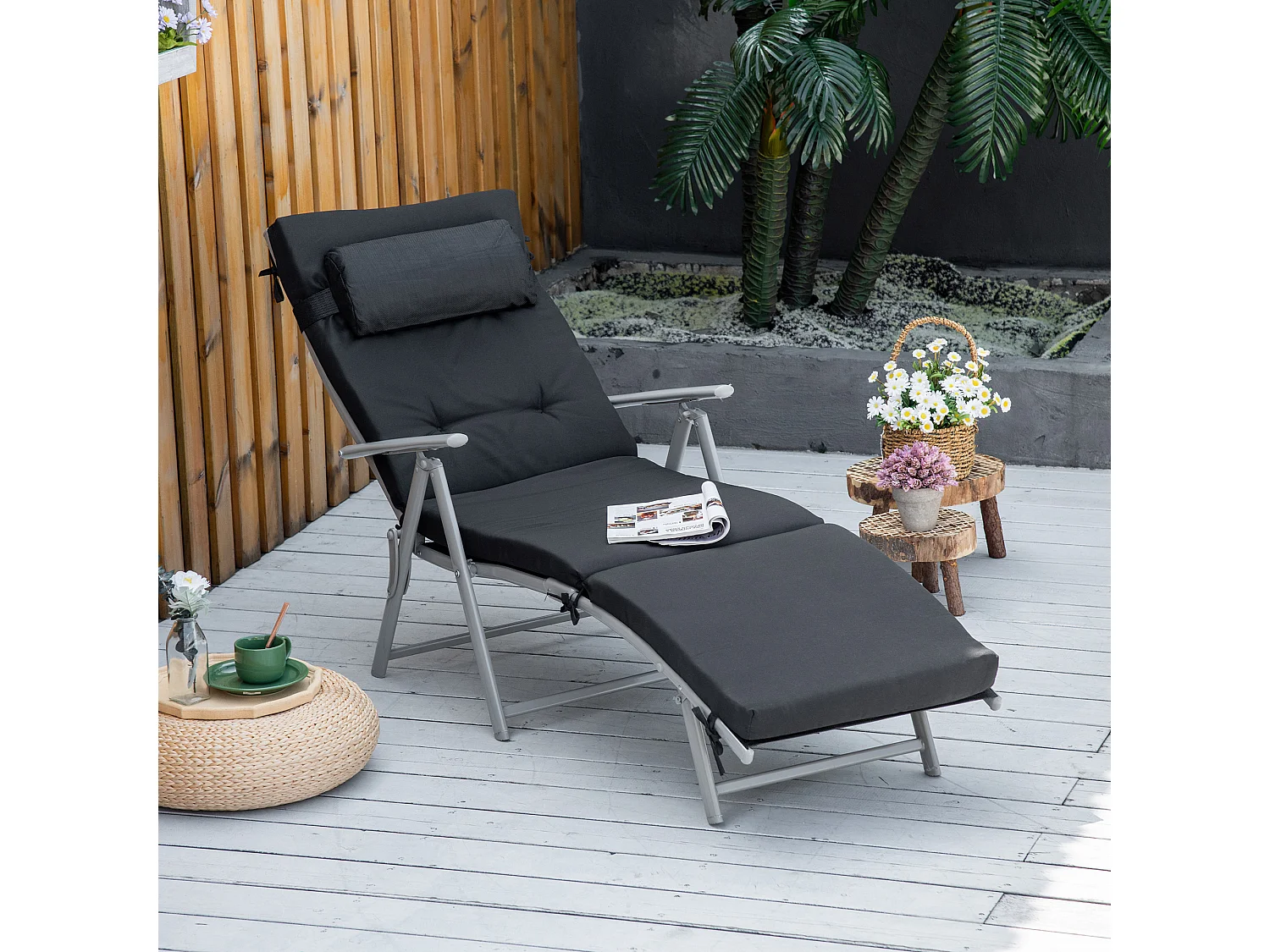 Sillón plegable de textilene negro, 7 posiciones, cojín, exterior, 137x63,5x100,5 cm