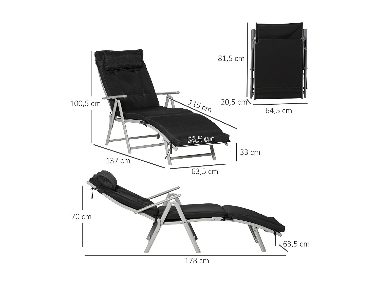 Sillón plegable de textilene negro, 7 posiciones, cojín, exterior, 137x63,5x100,5 cm