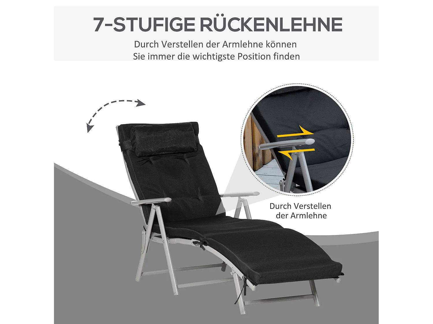 Sillón plegable de textilene negro, 7 posiciones, cojín, exterior, 137x63,5x100,5 cm