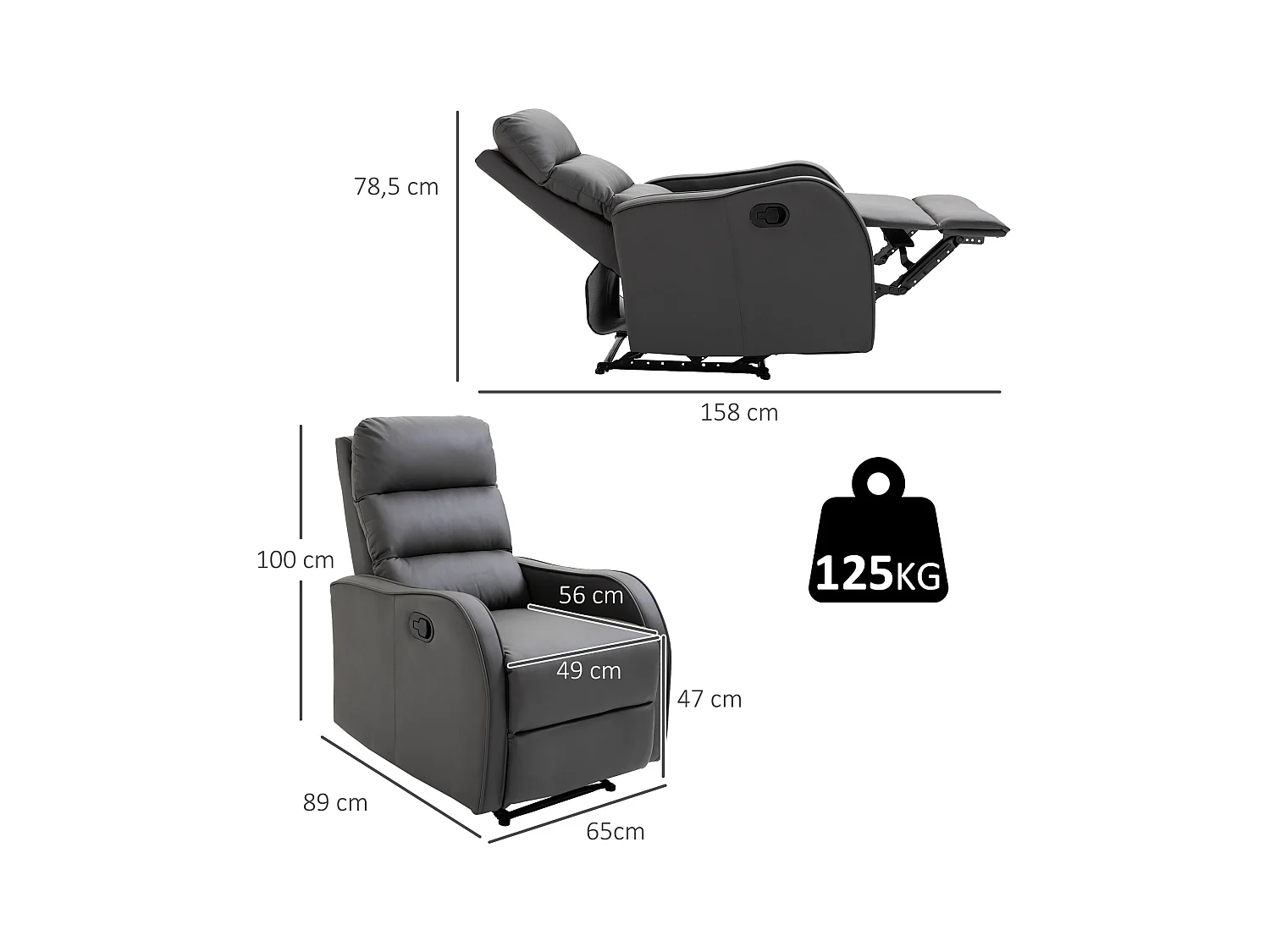 Sillón giratorio reclinable gris con respaldo reclinable y portavasos, microfibra, 125 kg