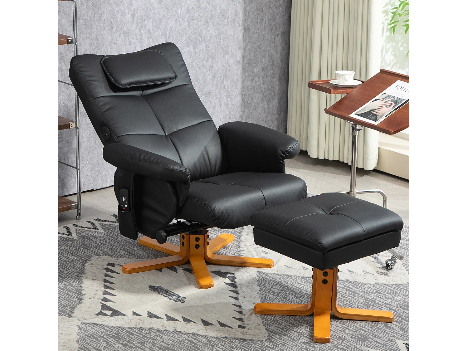 Fauteuil massant avec repose-pieds cuir synthétique noir salon rangement USB