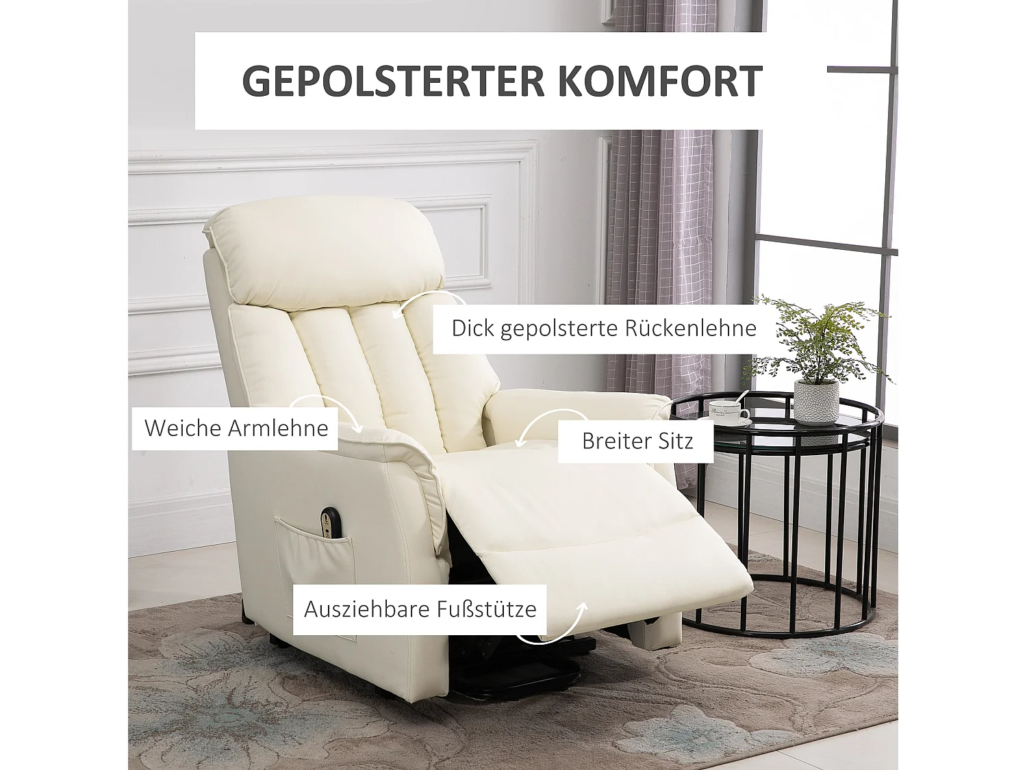 Fauteuil releveur électrique avec fonction inclinable, repose-pieds, simili cuir beige 80x94x104 cm