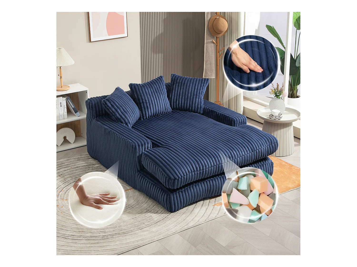 Canapé Lounge Velour Cord 1 Posto con 3 Coussins Salon Bureau Marine 125x155x63 cm