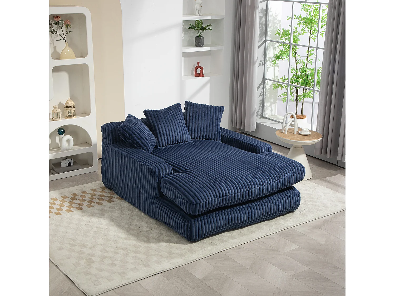 Sofá Lounge de Veludo Cordão 1 Lugar com 3 Almofadas Sala Escritório Azul Marinho 125x155x63 cm