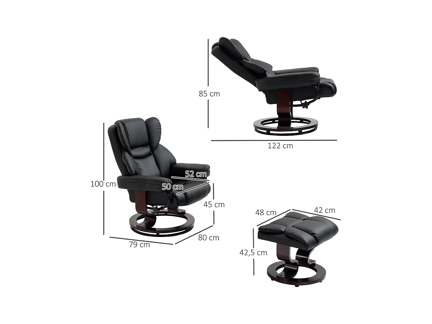 Sillón relax con reposapiés en piel sintética negra, reclinable y giratorio, 80x79x100 cm