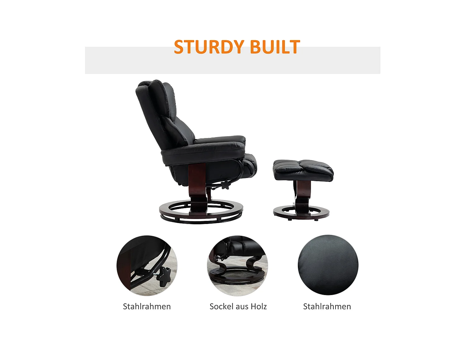 Sillón relax con reposapiés en piel sintética negra, reclinable y giratorio, 80x79x100 cm