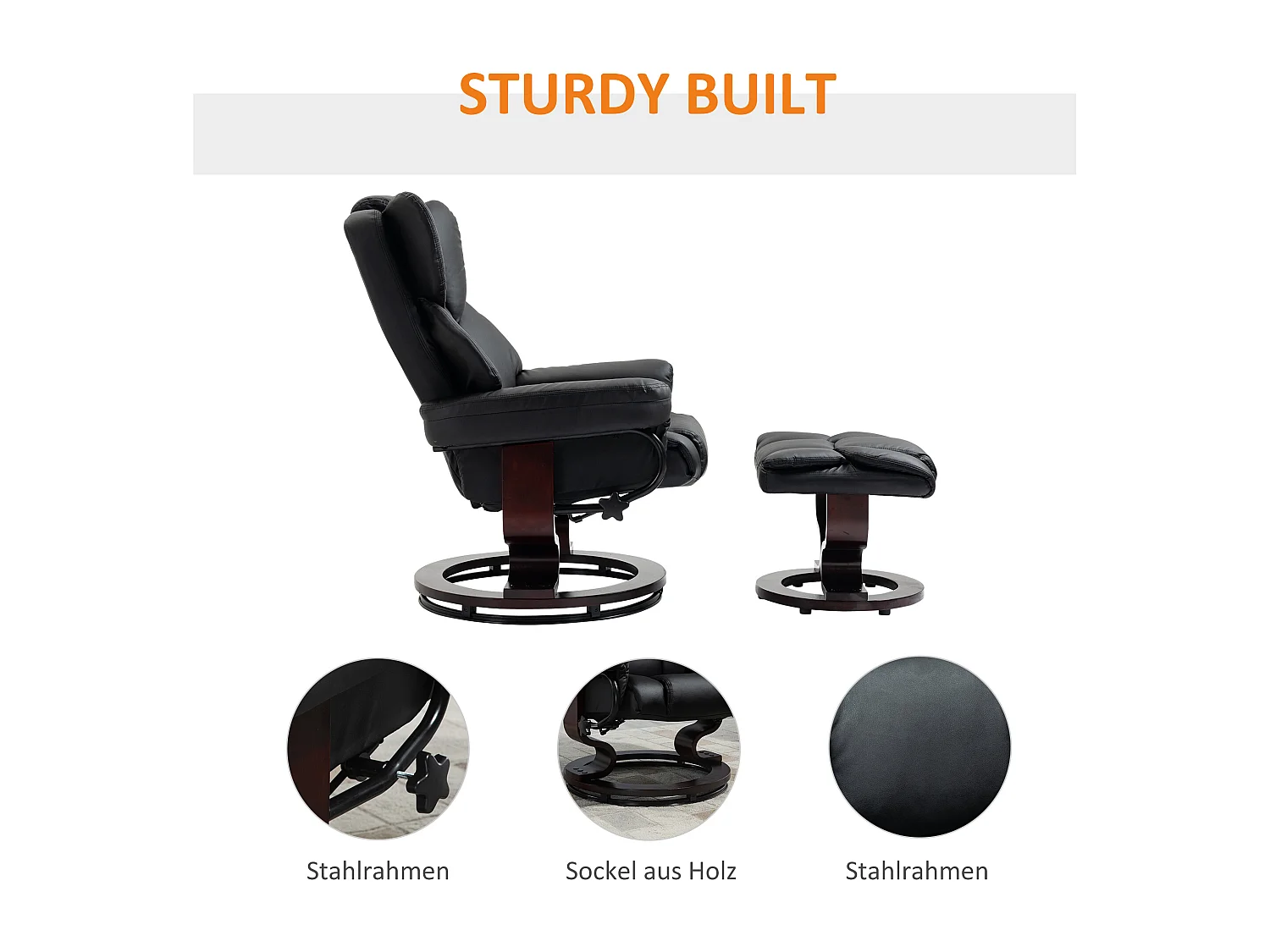 Sillón relax con reposapiés en piel sintética negra, reclinable y giratorio, 80x79x100 cm