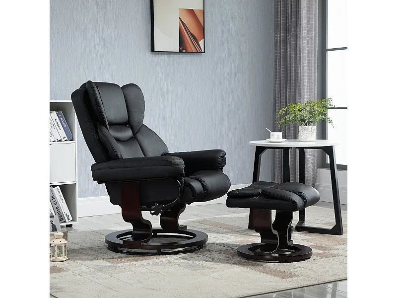 Fauteuil relax avec repose-pieds cuir synthétique noir inclinable et pivotant 80x79x100 cm