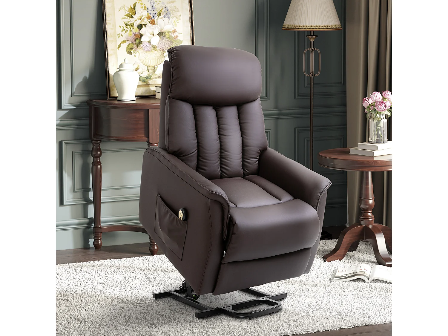 Sillón elevador eléctrico en piel sintética con función relax, marrón, 80x94x104cm