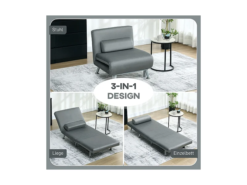 Fauteuil pliant avec fonction lit, fauteuil inclinable pliable aspetto velours, dossier réglable, 75 x 70 x 75 cm, grigio