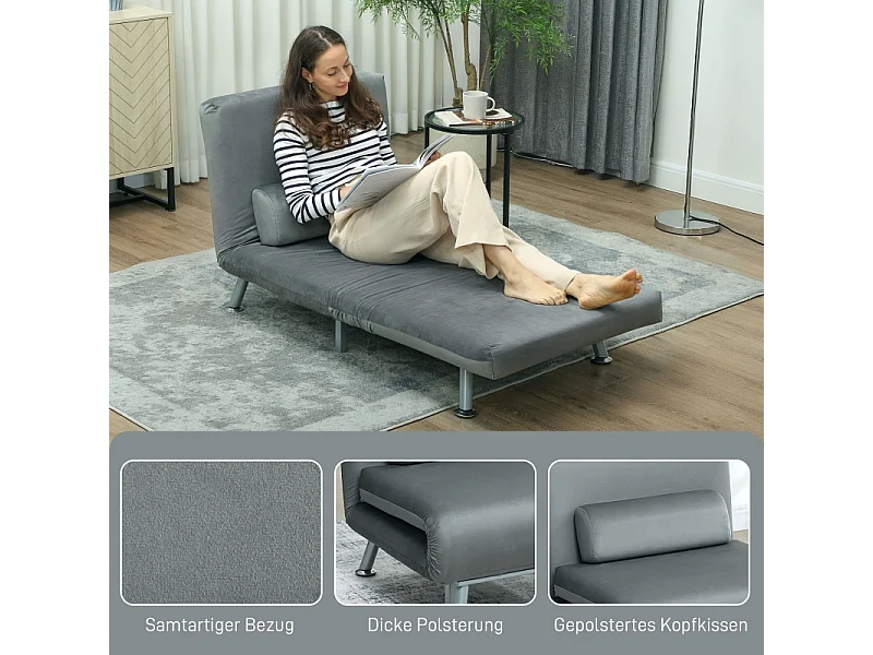 Fauteuil pliant avec fonction lit, fauteuil inclinable pliable aspetto velours, dossier réglable, 75 x 70 x 75 cm, grigio