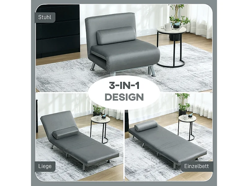 Poltrona dobrável com função de cama, cadeira reclinável dobrável em veludo, encosto ajustável, 75 x 70 x 75 cm, cinza