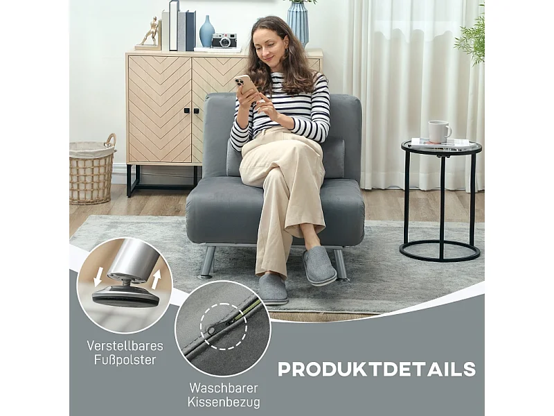 Poltrona dobrável com função de cama, cadeira reclinável dobrável em veludo, encosto ajustável, 75 x 70 x 75 cm, cinza