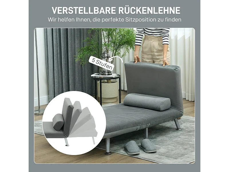 Poltrona dobrável com função de cama, cadeira reclinável dobrável em veludo, encosto ajustável, 75 x 70 x 75 cm, cinza