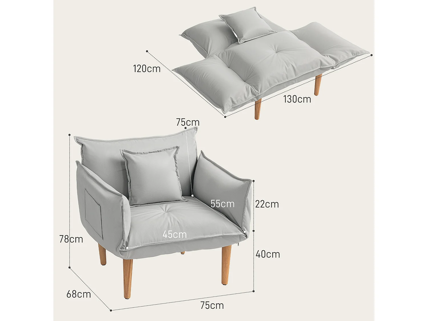 Fauteuil 2‑en‑1 in microfibra con cuscino regolabile e assito al sole grigio chiaro