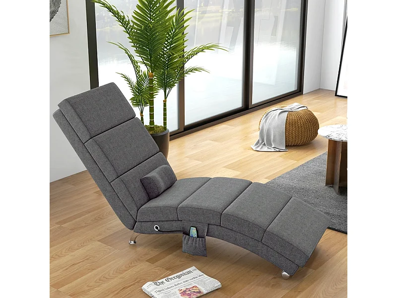 Fauteuil relax électrique tissu con massaggio 5 modalità dossier haut pliable gris foncé