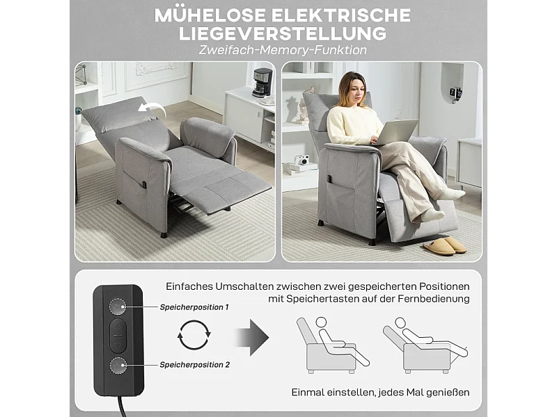 Fauteuil Relax Elettrico in Velours Imitation con Mémoire et Télécommande, Repose-Pieds, Salon et Chambre, Gris