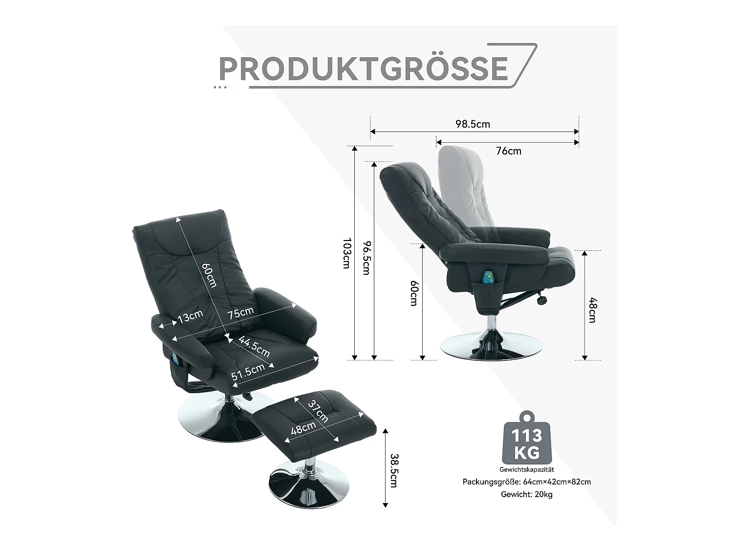 Sillón de masaje relajante con calefacción y reposapiés, giratorio 360°, de poliuretano, ideal para salón y oficina, color negro