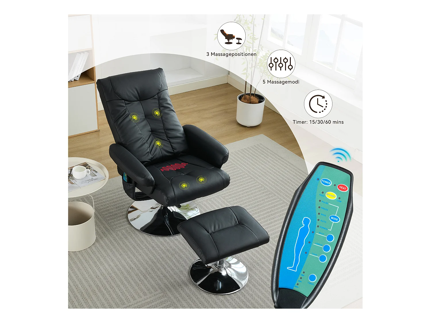 Sillón de masaje relajante con calefacción y reposapiés, giratorio 360°, de poliuretano, ideal para salón y oficina, color negro