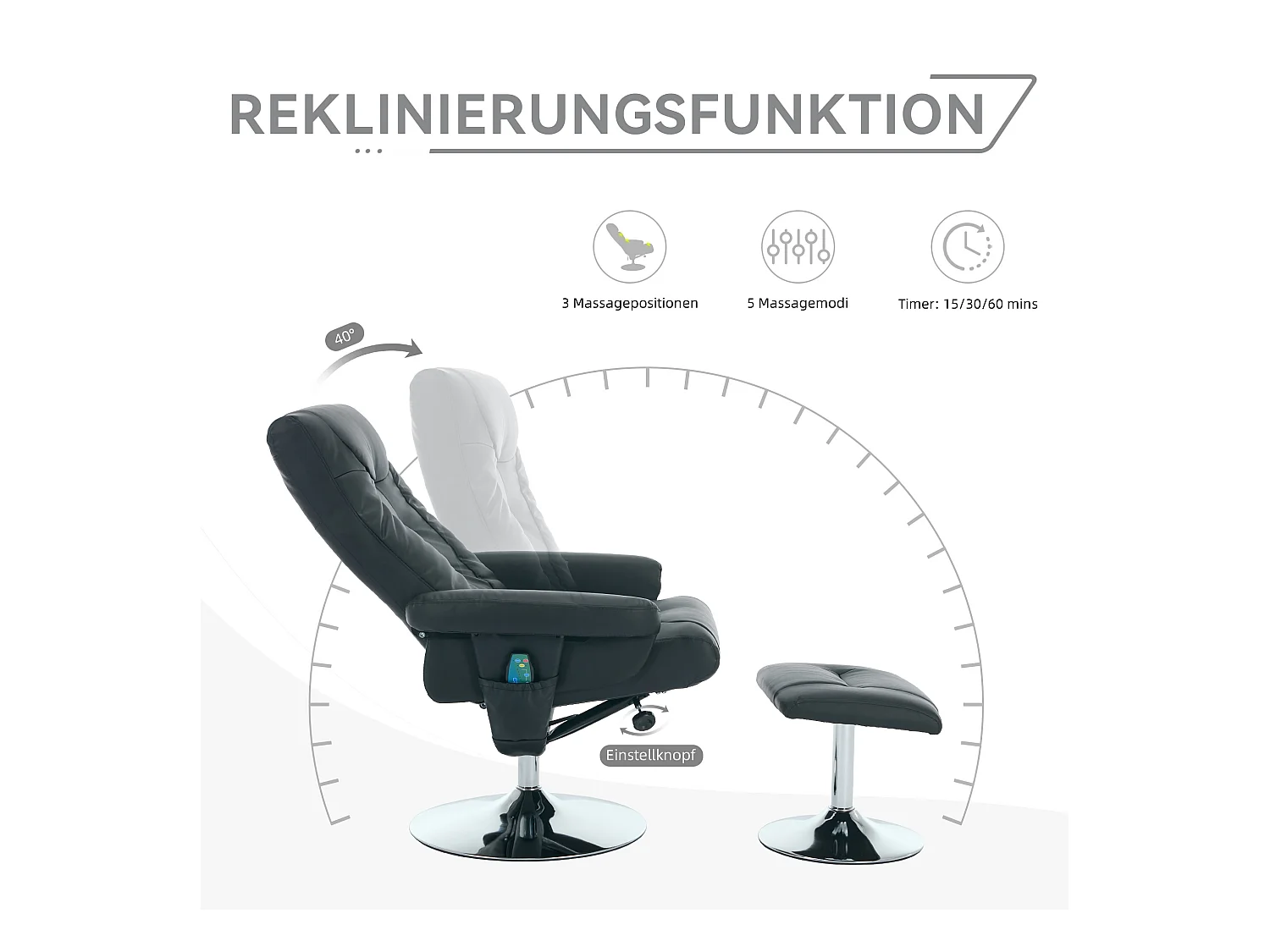 Sillón de masaje relajante con calefacción y reposapiés, giratorio 360°, de poliuretano, ideal para salón y oficina, color negro