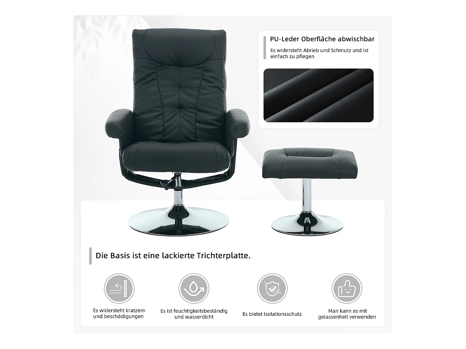 Sillón de masaje relajante con calefacción y reposapiés, giratorio 360°, de poliuretano, ideal para salón y oficina, color negro