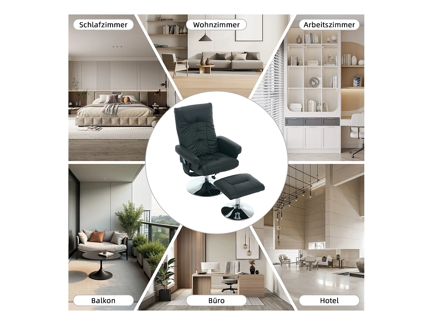 Sillón de masaje relajante con calefacción y reposapiés, giratorio 360°, de poliuretano, ideal para salón y oficina, color negro