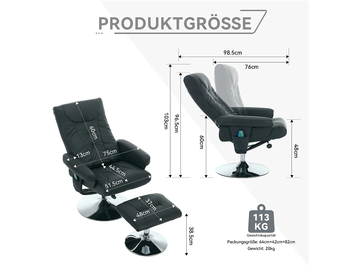 Fauteuil Relax Massant con Chauffage et Repose-Pieds, Pivot 360°, PU, ​​Salon et Bureau, Noir