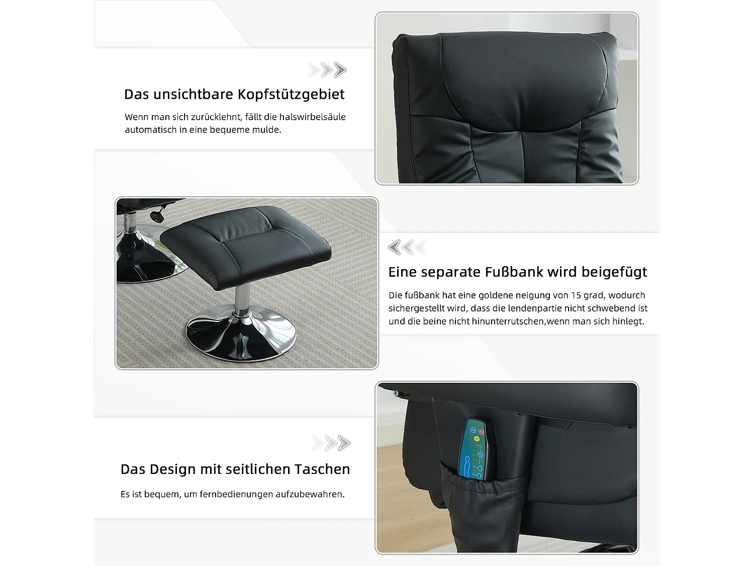 Fauteuil Relax Massant con Chauffage et Repose-Pieds, Pivot 360°, PU, ​​Salon et Bureau, Noir