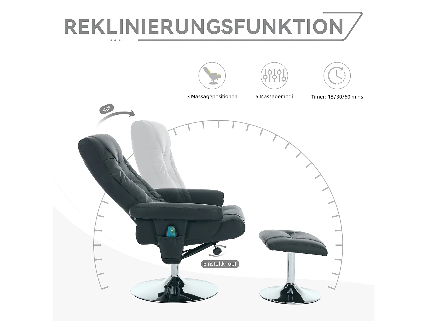 Fauteuil Relax Massant con Chauffage et Repose-Pieds, Pivot 360°, PU, ​​Salon et Bureau, Noir