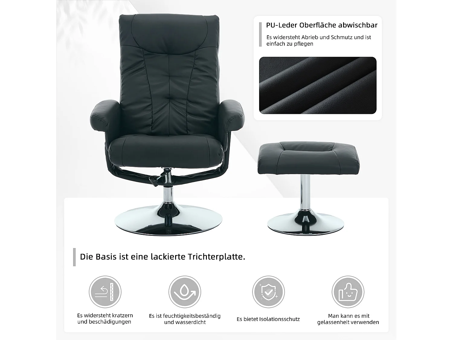 Fauteuil Relax Massant con Chauffage et Repose-Pieds, Pivot 360°, PU, ​​Salon et Bureau, Noir