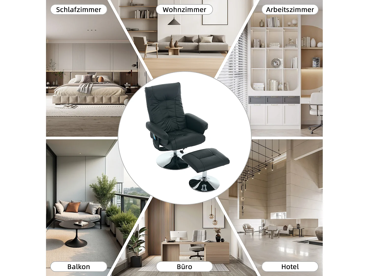 Fauteuil Relax Massant con Chauffage et Repose-Pieds, Pivot 360°, PU, ​​Salon et Bureau, Noir