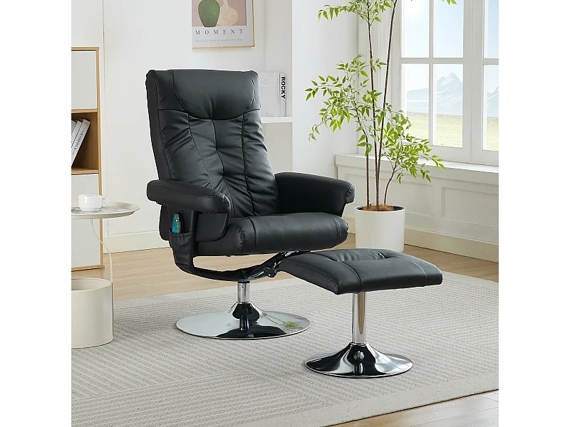 Fauteuil Relax Massant con Chauffage et Repose-Pieds, Pivot 360°, PU, ​​Salon et Bureau, Noir