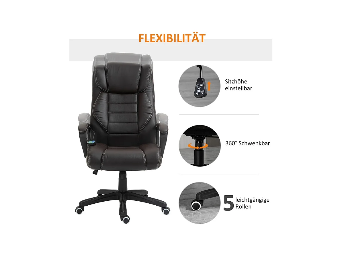 Fauteuil de Bureau Ergonomique con Massage, Chaise de Direction Vibrante con Dossier Haut et Hauteur Réglable, Marron