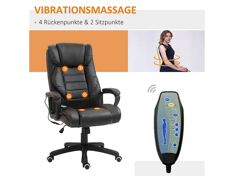 Fauteuil de Bureau Ergonomique con Massage, Chaise de Direction Vibrante con Dossier Haut et Hauteur Réglable, Marron