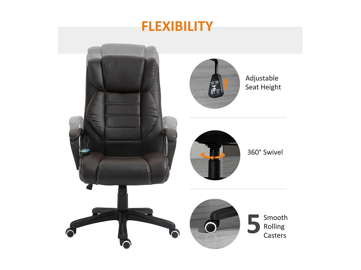 Fauteuil de Bureau Ergonomique con Massage, Chaise de Direction Vibrante con Dossier Haut et Hauteur Réglable, Marron