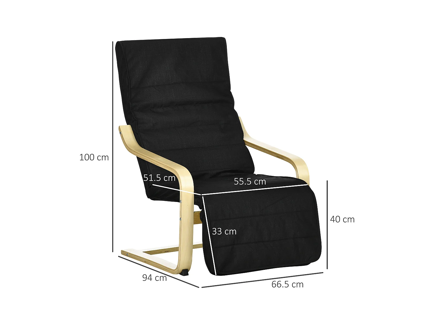 Mecedora de lino negro con reposapiés regulable madera de abedul 66,5x94x100 cm