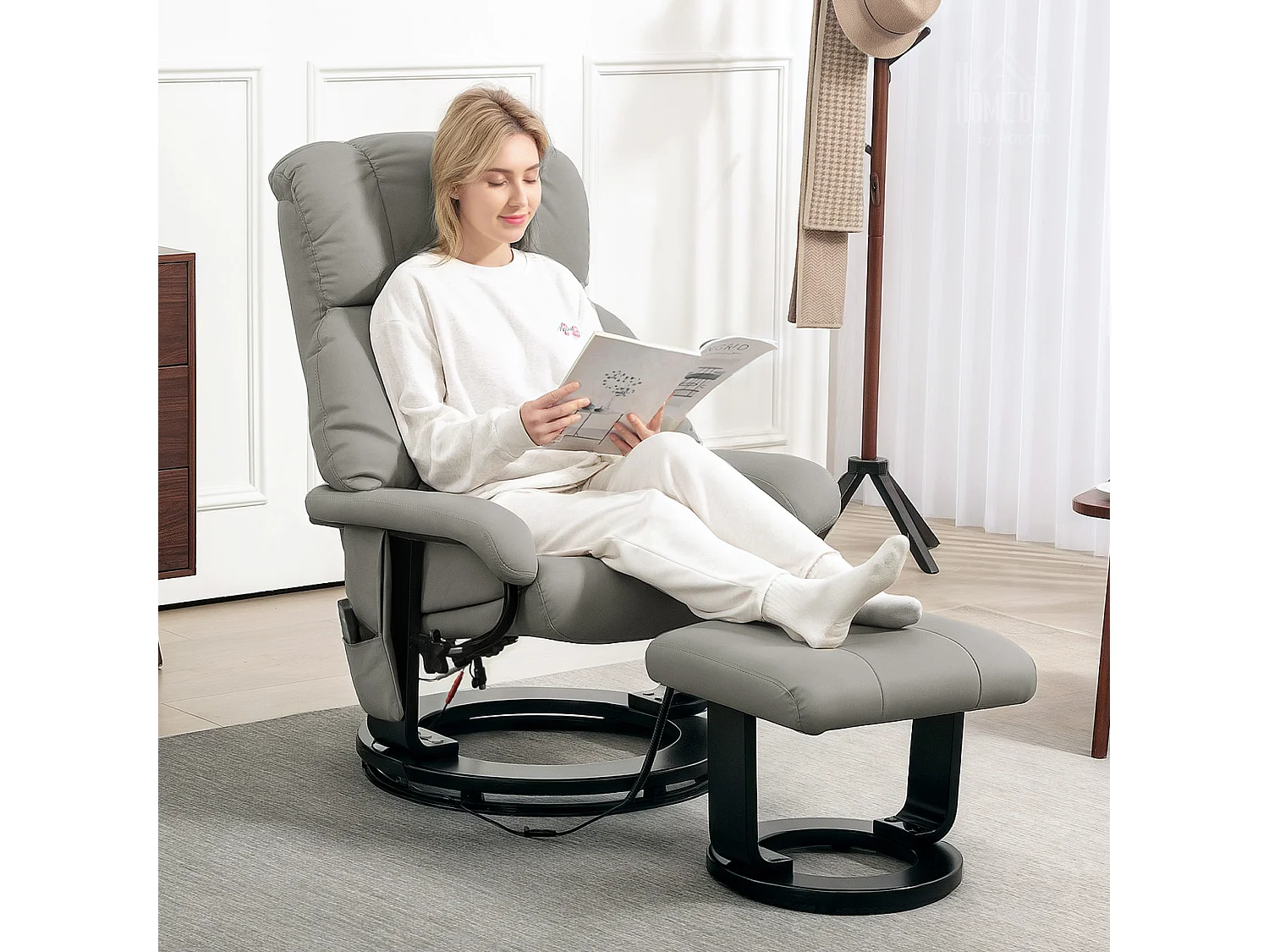 Sillón eléctrico reclinable con masaje y reposapiés en polipiel para salón, color gris