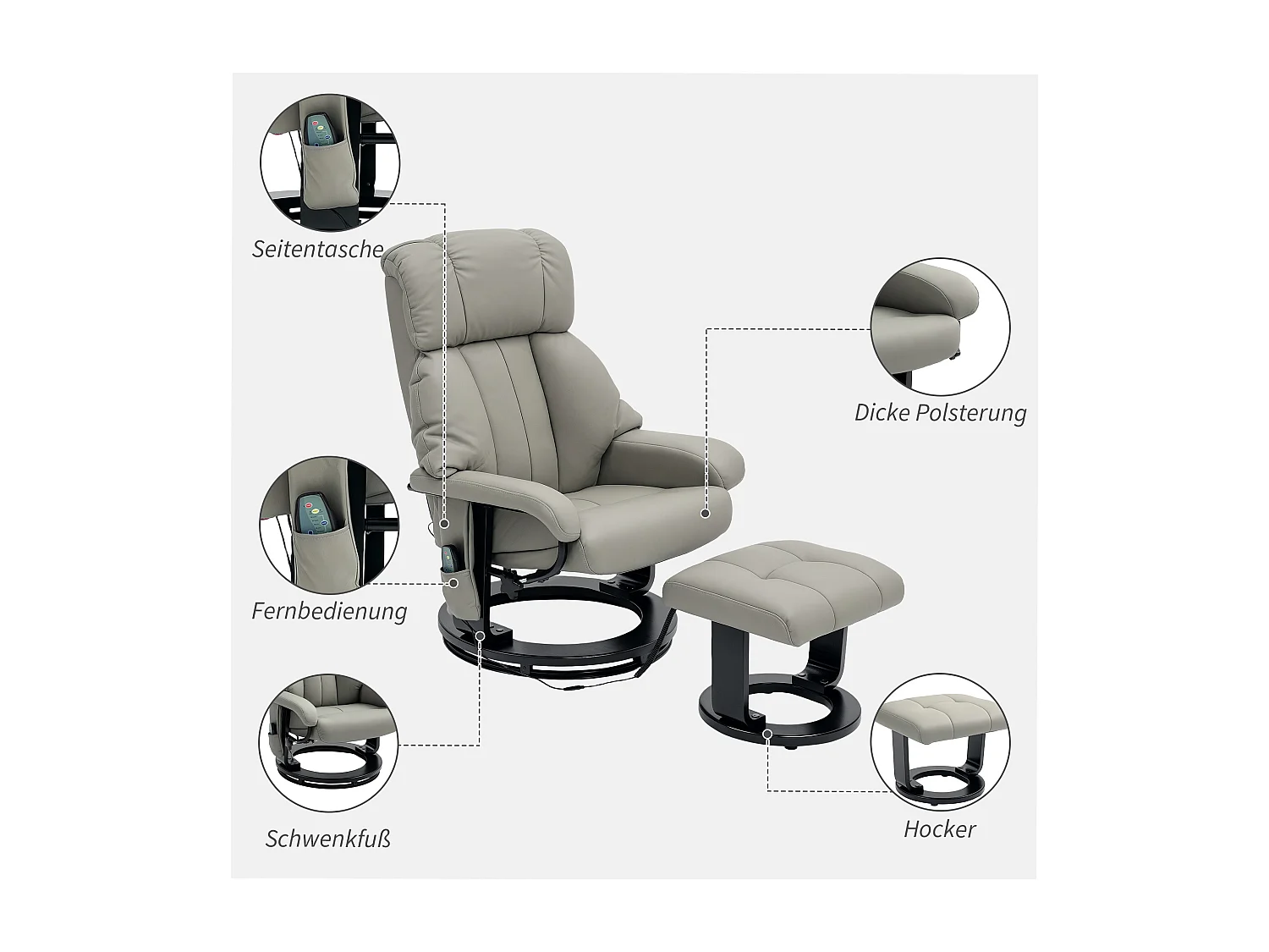 Sillón eléctrico reclinable con masaje y reposapiés en polipiel para salón, color gris